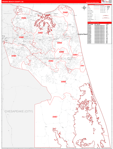 Virginia Beach County Wall Map Red Line Style